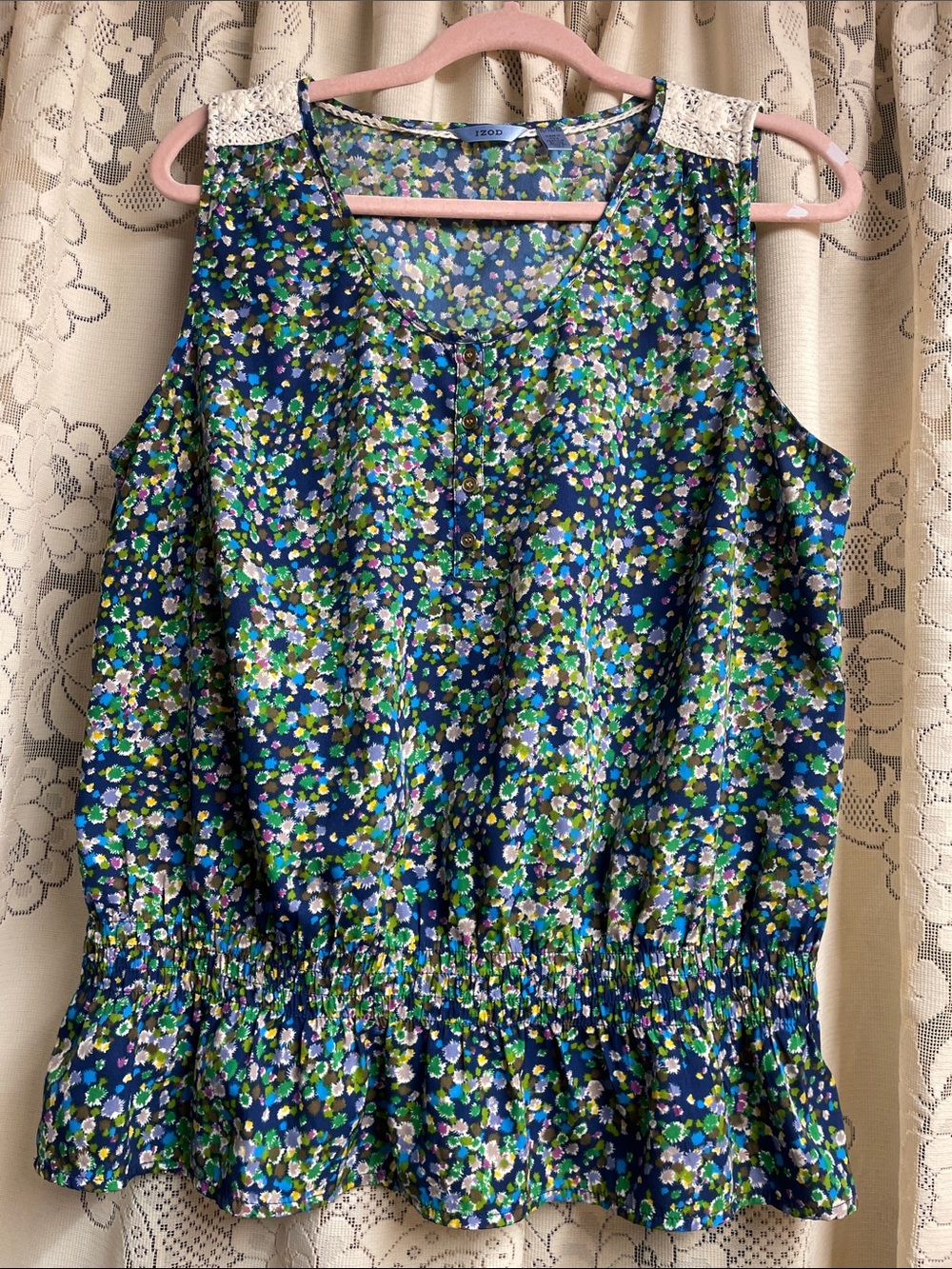 Izod Navy Blue Floral Sleeveless Camisole with Crochet Shoulders size XLG